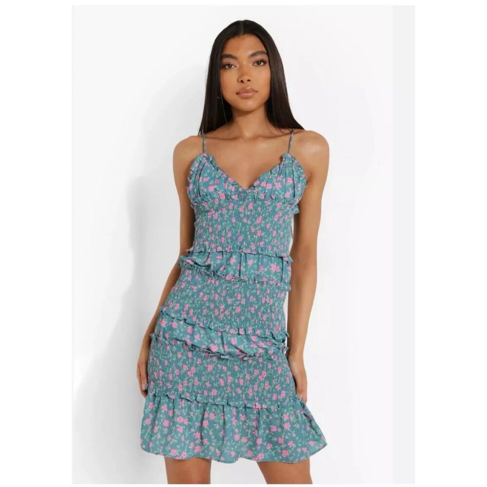 Boohoo Tiered Ruffle Dress Green Pink Floral Size 4 Tall